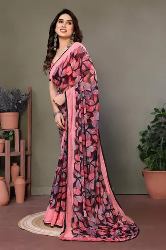 Light Pink Color Printed Chiffon Saree