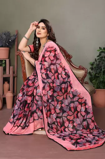 Light Pink Color Printed Chiffon Saree