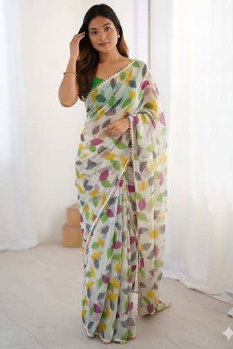 White Color Printed Chiffon Saree
