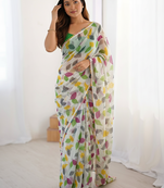 White Color Printed Chiffon Saree