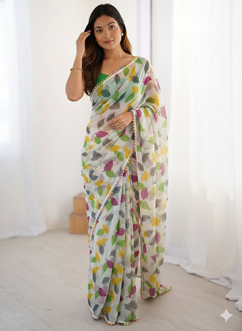 White Color Printed Chiffon Saree