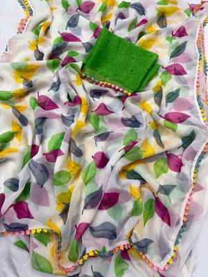 White Color Printed Chiffon Saree 4