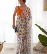 White Color Printed Chiffon Saree