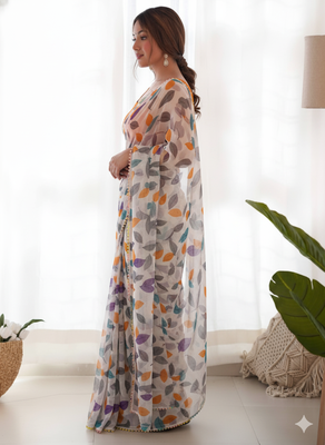 White Color Printed Chiffon Saree 2