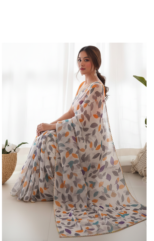 White Color Printed Chiffon Saree 3