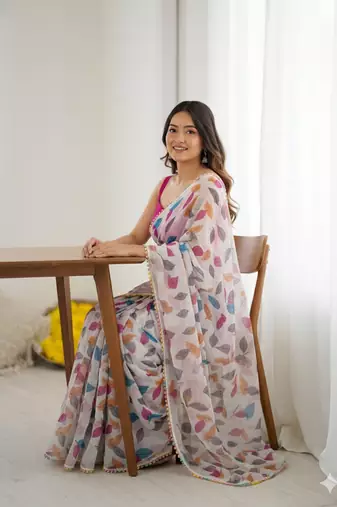 White Color Printed Chiffon Saree