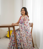 White Color Printed Chiffon Saree
