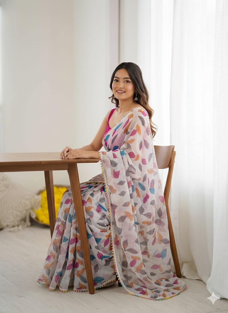 White Color Printed Chiffon Saree