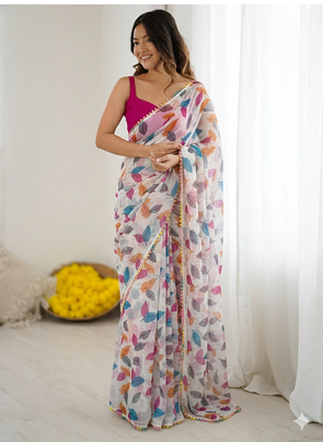 White Color Printed Chiffon Saree 3