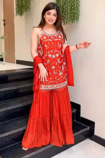 Orange color stylish readymade chinon fabric suit for trendy girls
