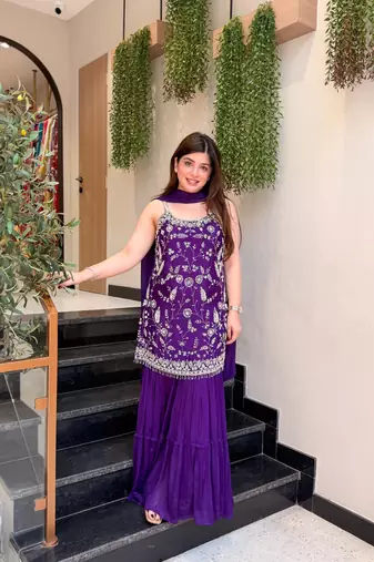 Purple color stylish readymade chinon fabric suit for trendy girls