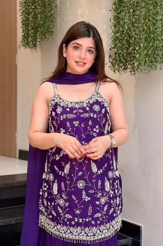 Purple color stylish readymade chinon fabric suit for trendy girls