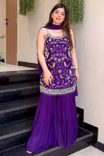 Purple color stylish readymade chinon fabric suit for trendy girls