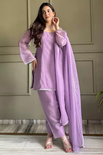 Onion color stylish readymade crunchy fabric suit for trendy girls
