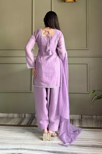 Onion color stylish readymade crunchy fabric suit for trendy girls