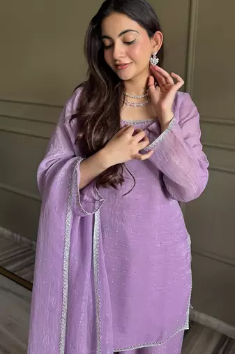 Onion color stylish readymade crunchy fabric suit for trendy girls