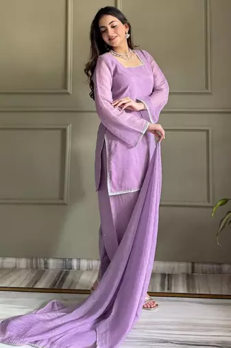 Onion color stylish readymade crunchy fabric suit for trendy girls