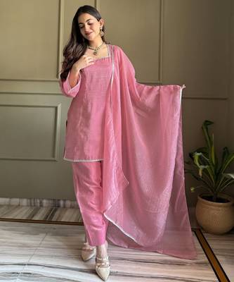 Pink color stylish readymade crunchy fabric suit for trendy girls 1