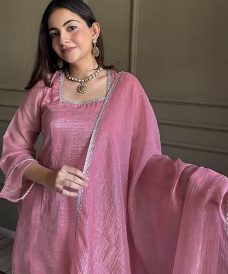Pink color stylish readymade crunchy fabric suit for trendy girls 3