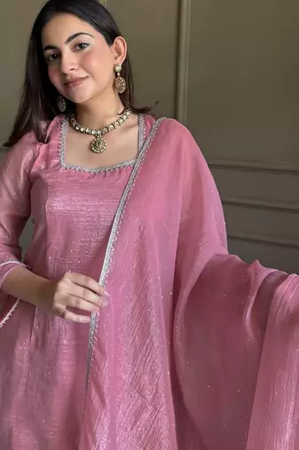 Pink color stylish readymade crunchy fabric suit for trendy girls