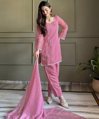 Pink color stylish readymade crunchy fabric suit for trendy girls 4