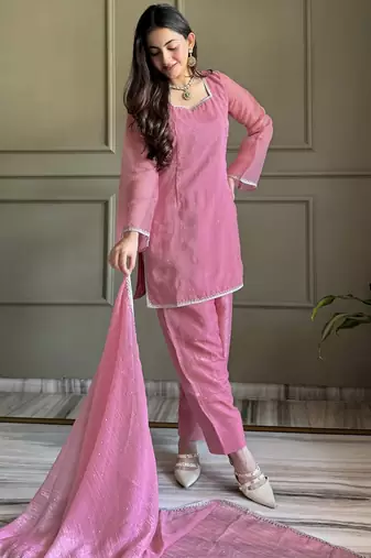 Pink color stylish readymade crunchy fabric suit for trendy girls