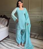 Sea green color stylish readymade crunchy fabric suit for trendy girls