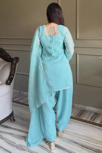 Sea green color stylish readymade crunchy fabric suit for trendy girls