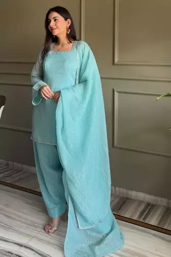 Sea green color stylish readymade crunchy fabric suit for trendy girls