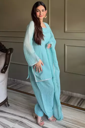 Sea green color stylish readymade crunchy fabric suit for trendy girls