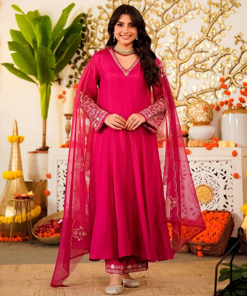 Pink color stylish readymade viscose chanderi fabric suit for trendy girls