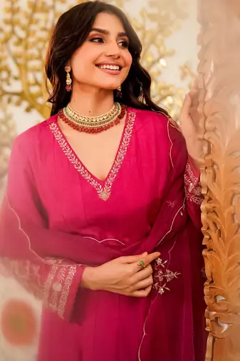 Pink color stylish readymade viscose chanderi fabric suit for trendy girls