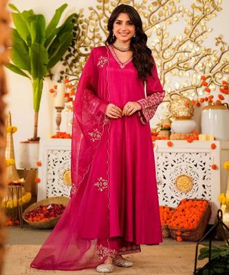 Pink color stylish readymade viscose chanderi fabric suit for trendy girls 4