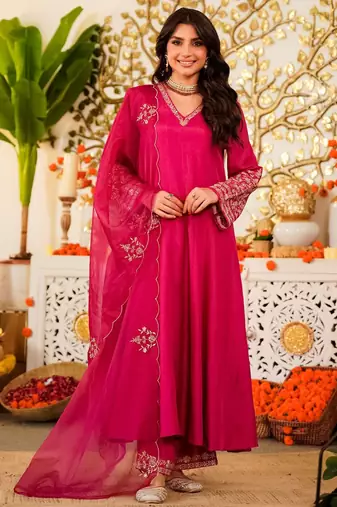 Pink color stylish readymade viscose chanderi fabric suit for trendy girls
