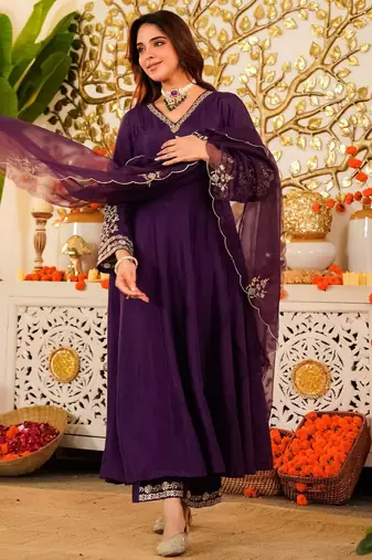 Purple color stylish readymade viscose chanderi fabric suit for trendy girls