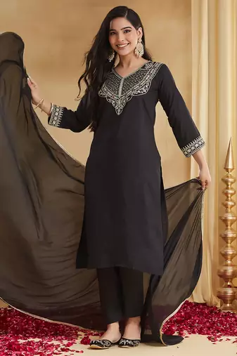 Black color stylish readymade rayon slub fabric suit for trendy girls