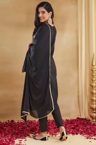 Black color stylish readymade rayon slub fabric suit for trendy girls