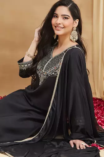 Black color stylish readymade rayon slub fabric suit for trendy girls