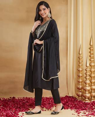 Black color stylish readymade rayon slub fabric suit for trendy girls 4