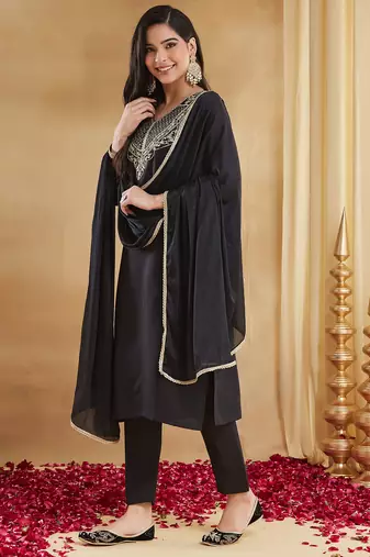 Black color stylish readymade rayon slub fabric suit for trendy girls