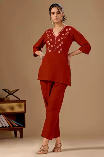 Rust color cotton flex fabric designer cord set for casual girlie looks