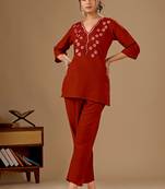 Rust color cotton flex fabric designer cord set for casual girlie looks