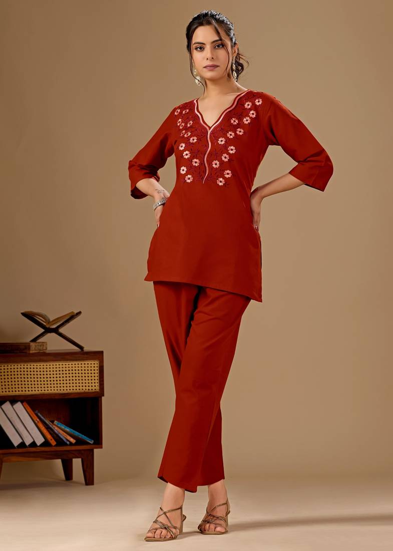 Rust color cotton flex fabric designer cord set for casual girlie looks