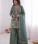 Grey color stylish readymade fendy satin fabric suit for trendy girls