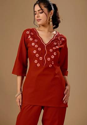 Rust color cotton flex fabric designer cord set for casual girlie looks 2