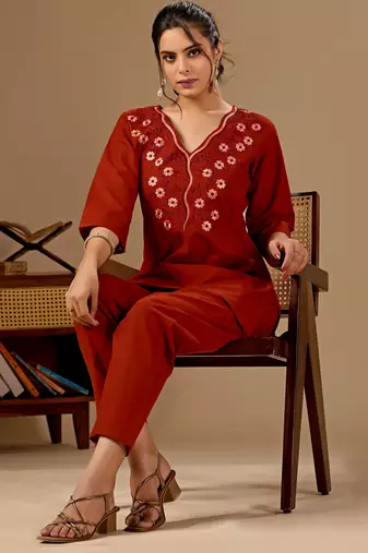 Rust color cotton flex fabric designer cord set for casual girlie looks