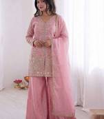 Pink color stylish readymade fendy satin fabric suit for trendy girls