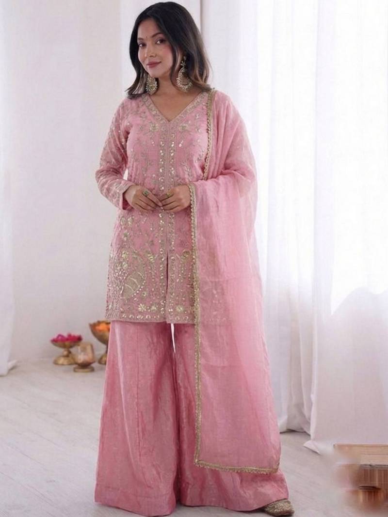 Pink color stylish readymade fendy satin fabric suit for trendy girls