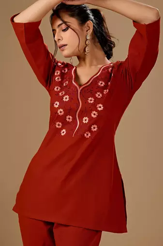 Rust color cotton flex fabric designer cord set for casual girlie looks