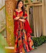 Red color smart and stylish partywear rayon fabric gown with dupatta